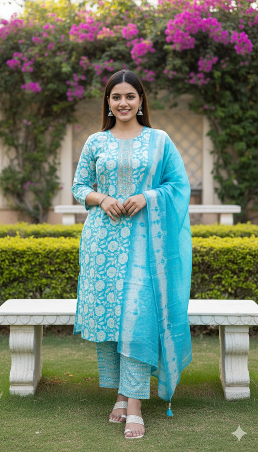 Roman Silk Sky Blue Printed Embroidered Suit Set – For Women