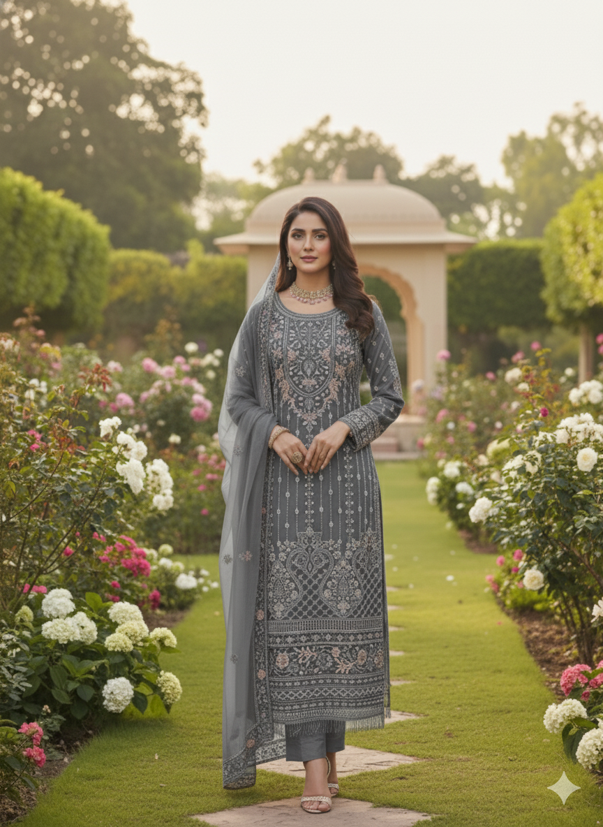 Elevate your ethnic wardrobe with this Pakistani Pettern elegant unstitched suit set in a soft pas