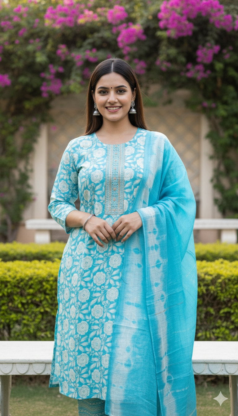 Roman Silk Sky Blue Printed Embroidered Suit Set – For Women
