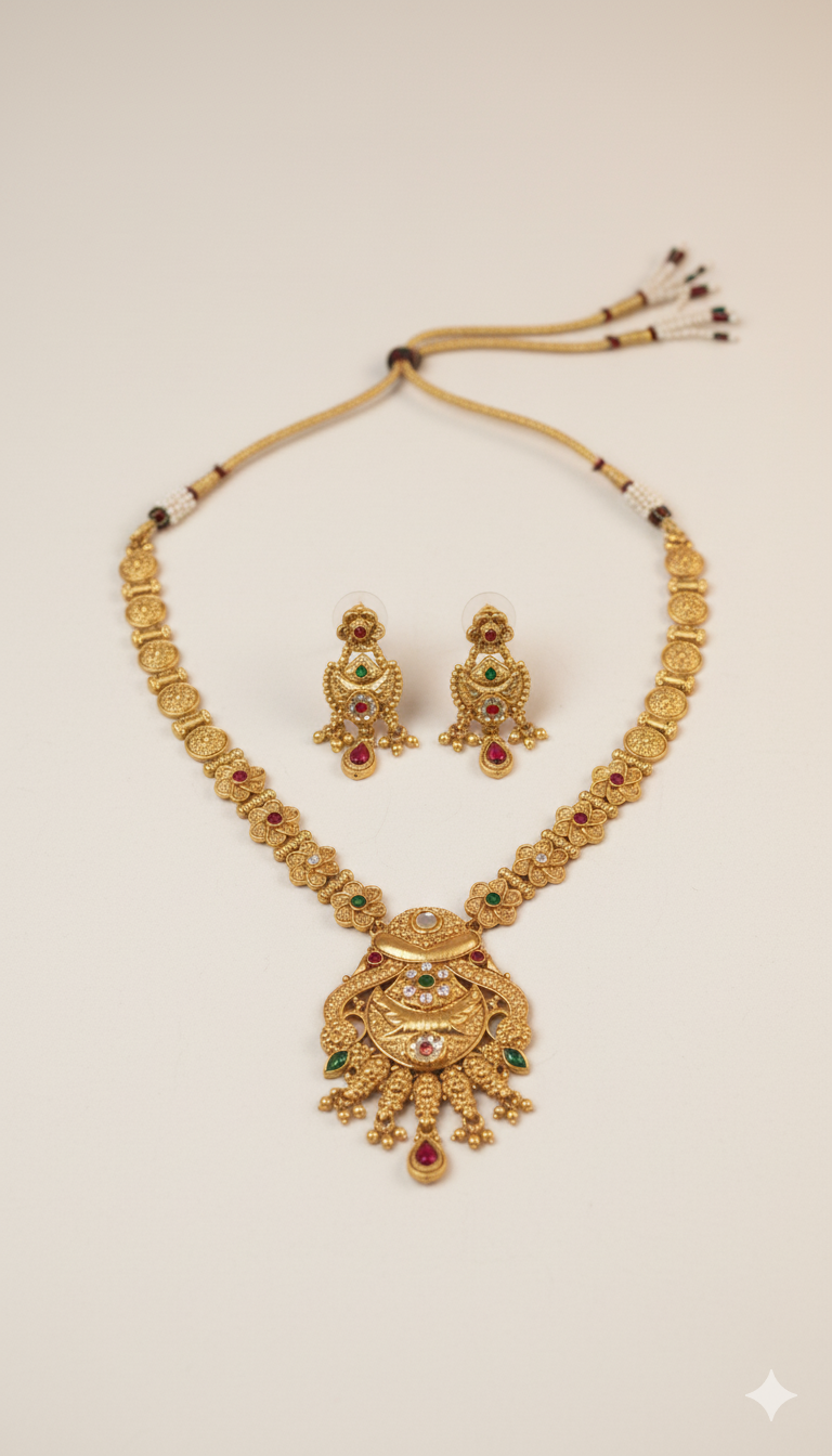 Traditional Temple Golden Necklace Set with Ruby & Emerald Stones