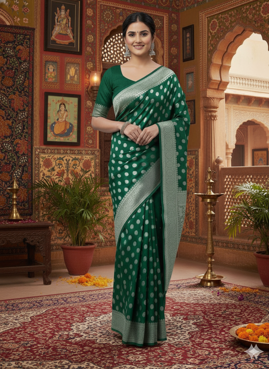 Elegant  Banarasi Silk Saree with Silver Zari Work
