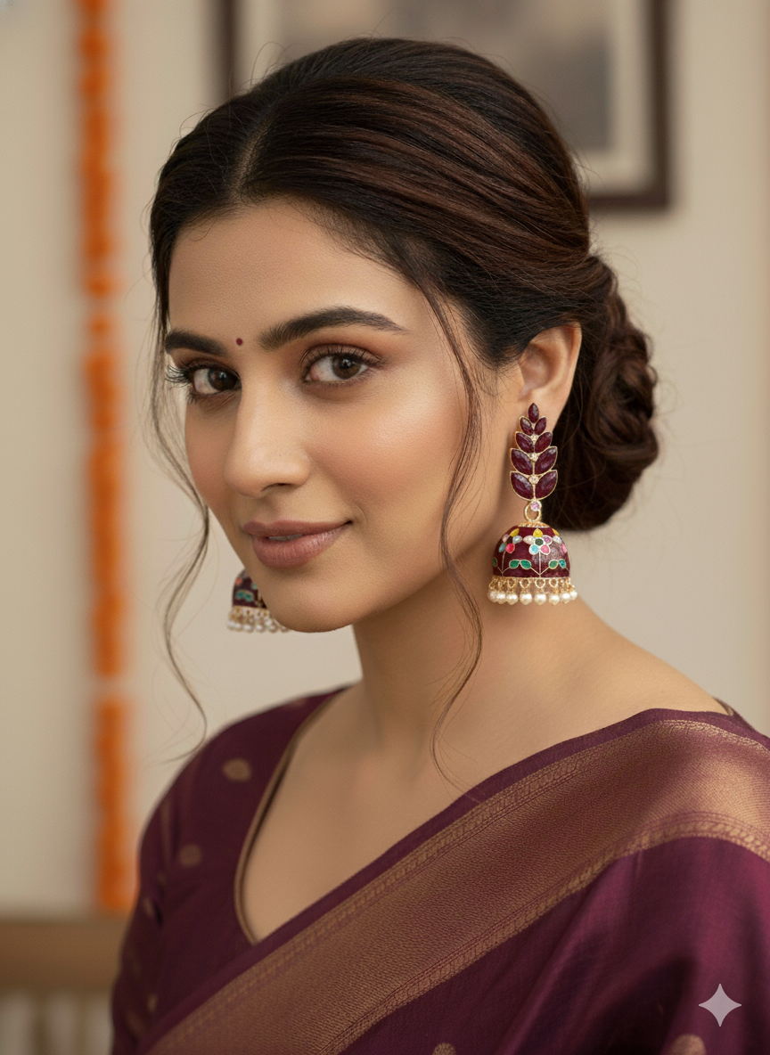 Royal Pink Meenakari Jhumka Earrings with Pearl Drops