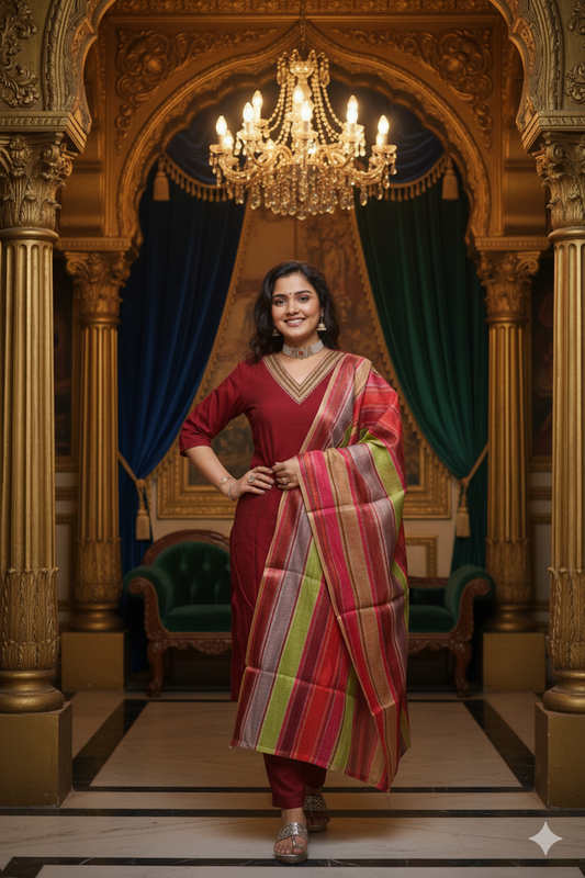 Roman Silk 3-Piece Mehroon Suit Set with Rainbow Dupatta – For Women