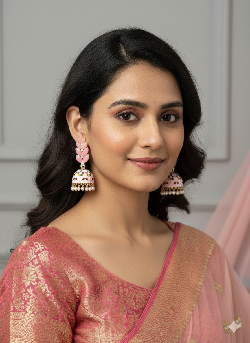 Royal Pink Meenakari Jhumka Earrings with Pearl Drops