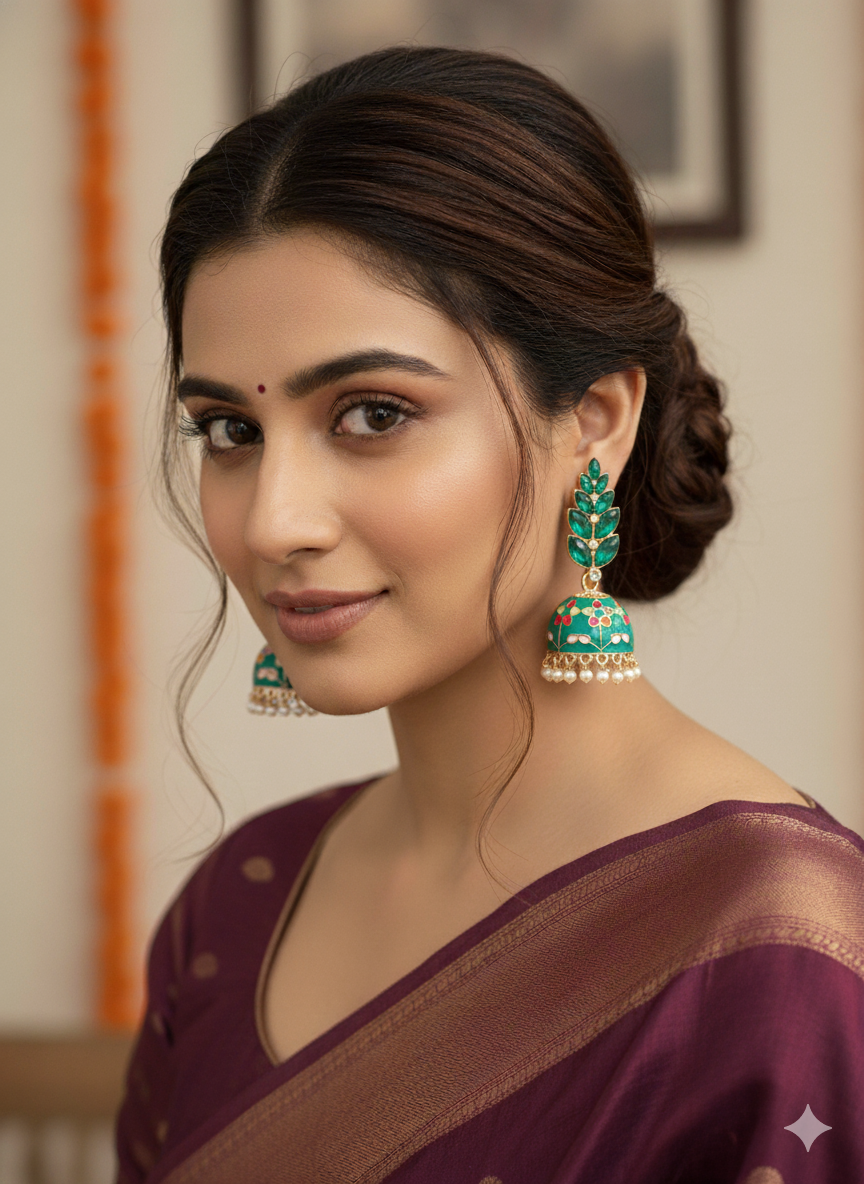 Royal Pink Meenakari Jhumka Earrings with Pearl Drops