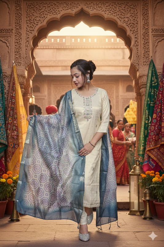 Chanderi Off-White Embroidered Kurti Set with Dupatta For Women