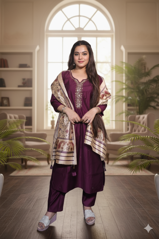 Elegant Maroon Kurta Set with Embroidered Detailing & Dupatta