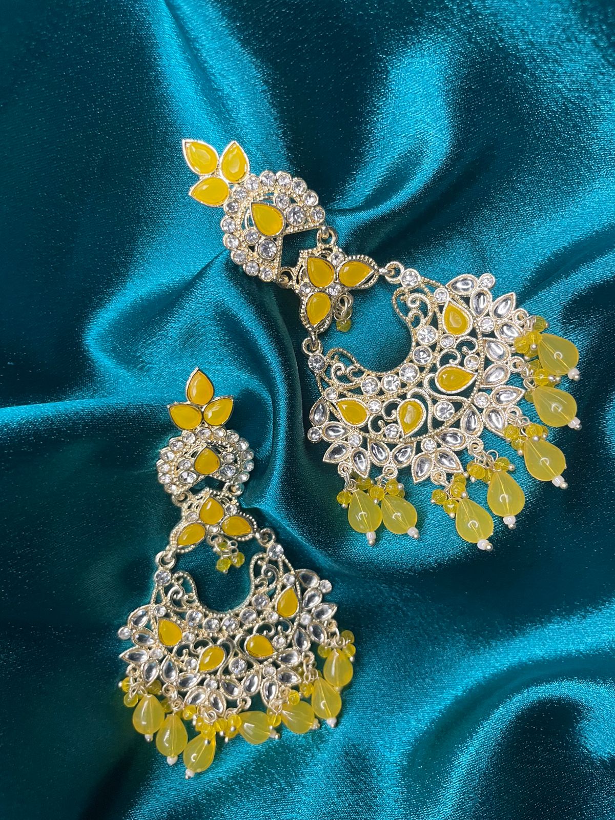 Elegant Statement Yellow & Silver Chandbali Earrings