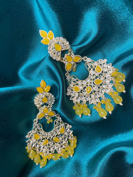 Elegant Statement Yellow & Silver Chandbali Earrings
