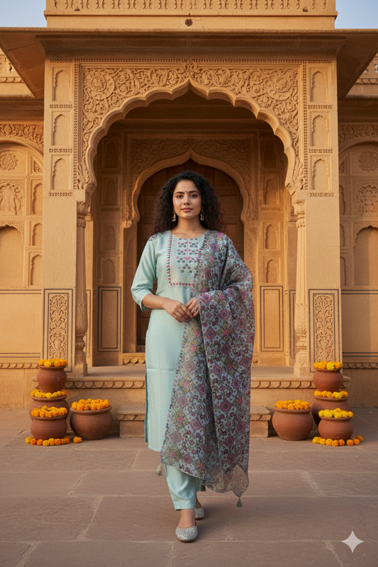 Lavender Hand-Embroidered Chanderi Suit  Set