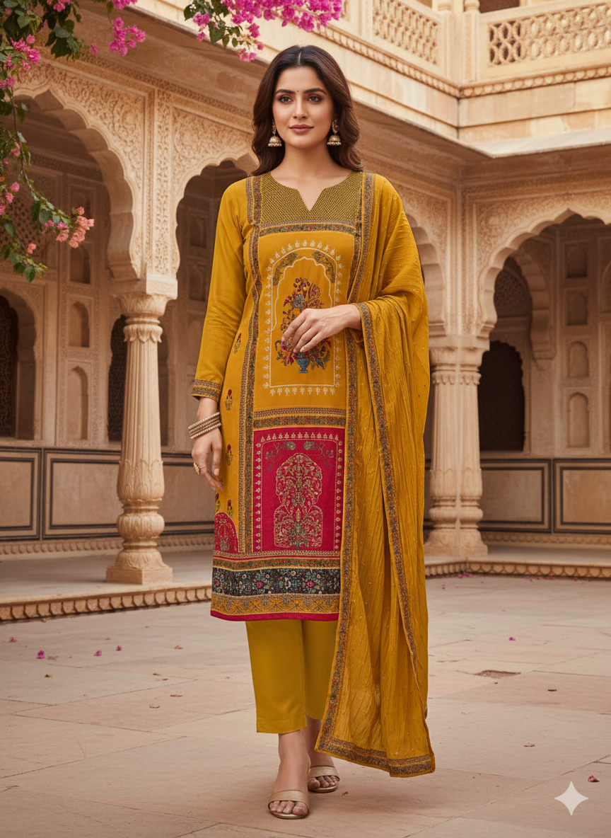 Regal Multicolor Unstitched Suit Set with White Dupatta