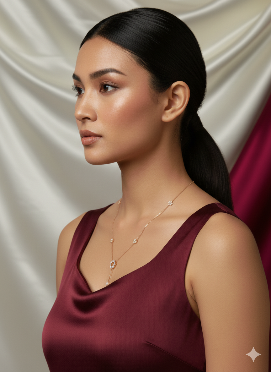 "Close-up of a model wearing a delicate, diamond-studded gold floral cluster necklace against a maroon top."