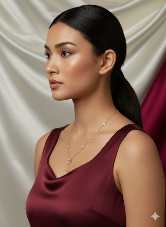 "Close-up of a model wearing a delicate, diamond-studded gold floral cluster necklace against a maroon top."