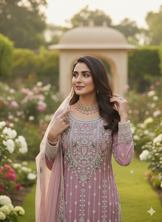 Elevate your ethnic wardrobe with this Pakistani Pettern elegant unstitched suit set in a soft pas