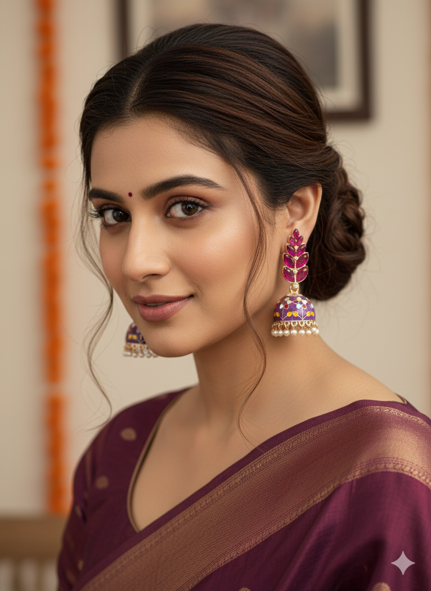 Royal Pink Meenakari Jhumka Earrings with Pearl Drops