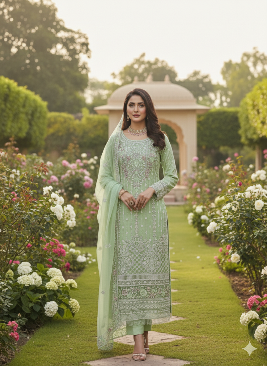 Elevate your ethnic wardrobe with this Pakistani Pettern elegant unstitched suit set in a soft pas