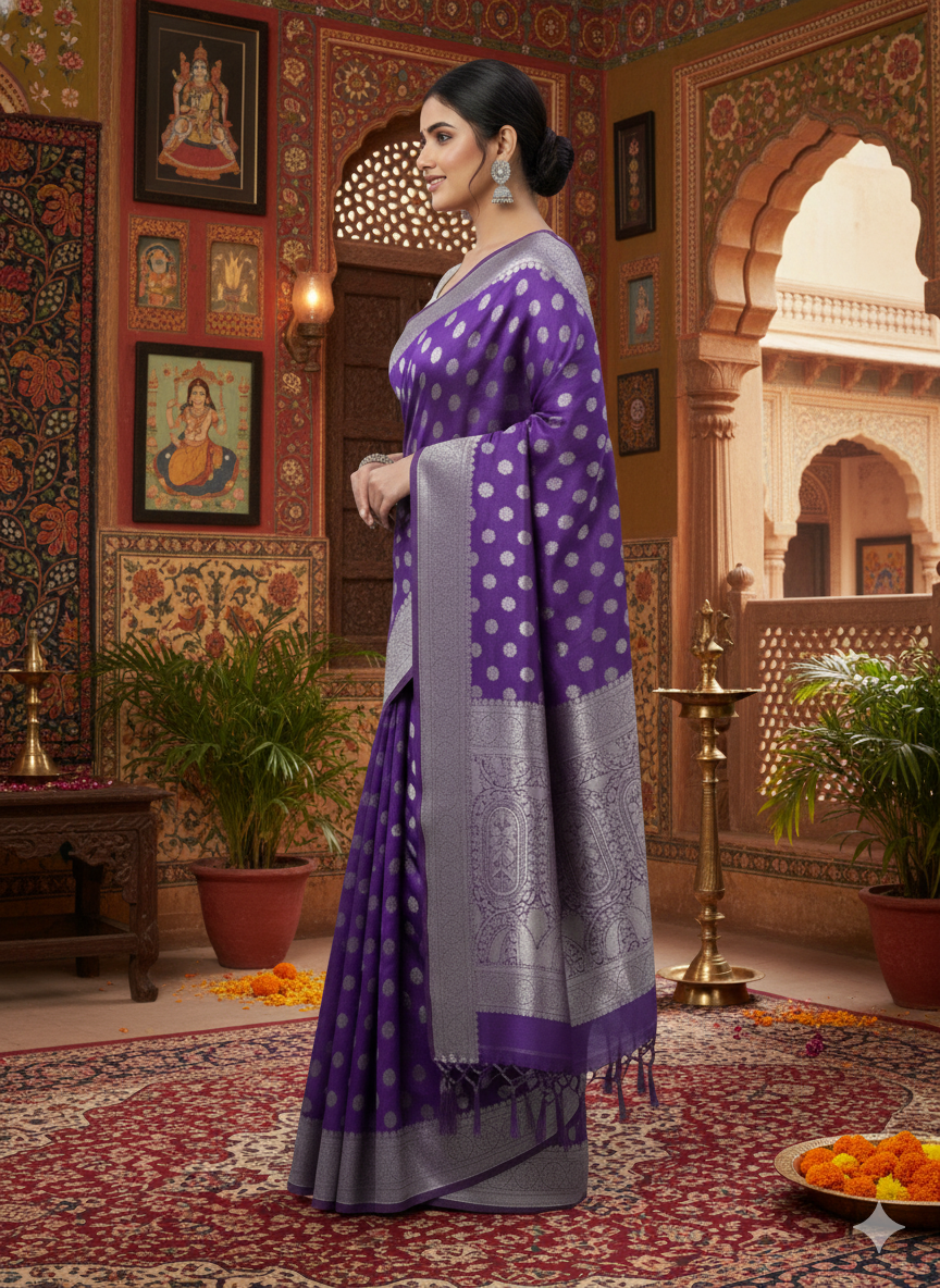 Elegant  Banarasi Silk Saree with Silver Zari Work