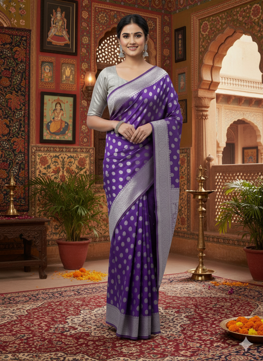 Elegant  Banarasi Silk Saree with Silver Zari Work