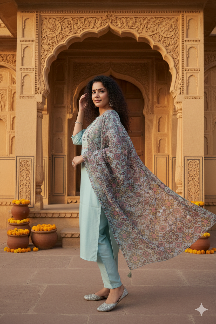 Lavender Hand-Embroidered Chanderi Suit  Set