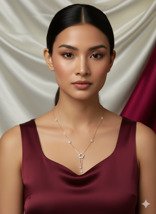 "Close-up of a model wearing a delicate, diamond-studded gold floral cluster necklace against a maroon top."