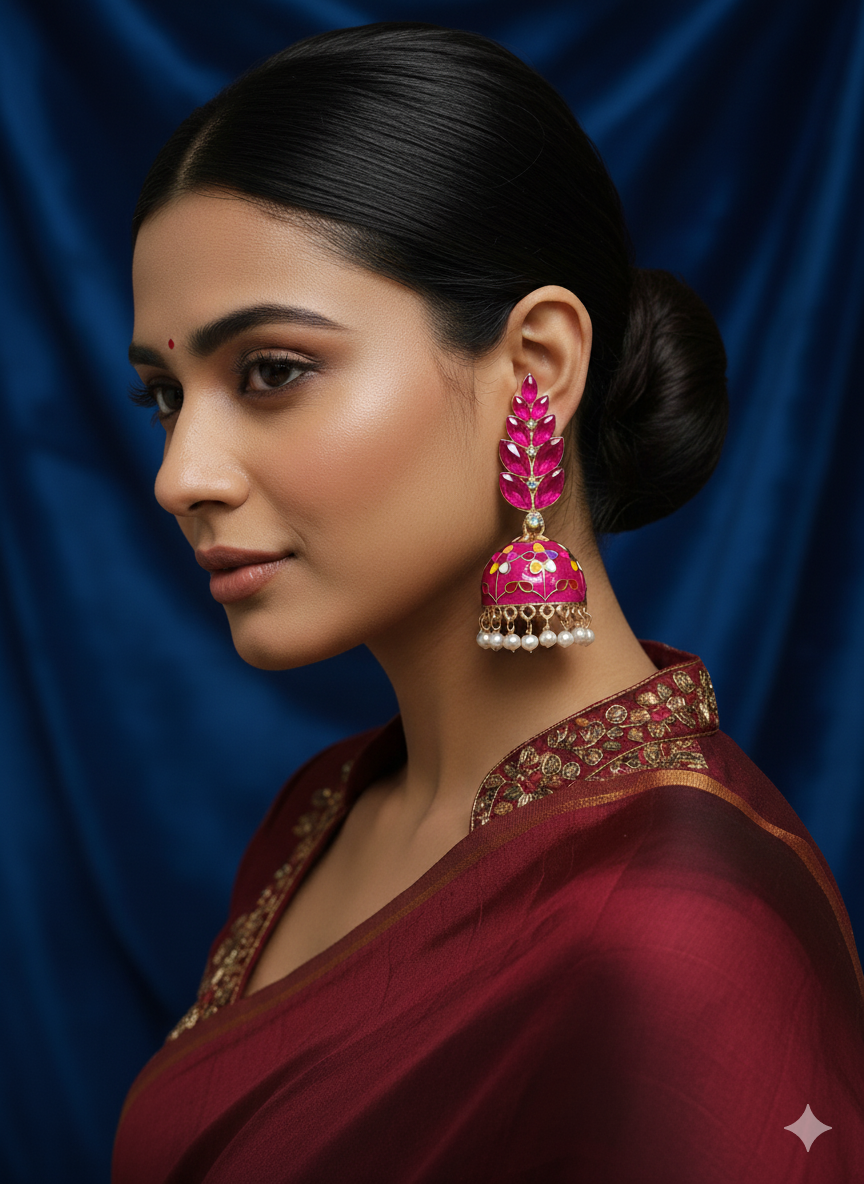 Royal Pink Meenakari Jhumka Earrings with Pearl Drops