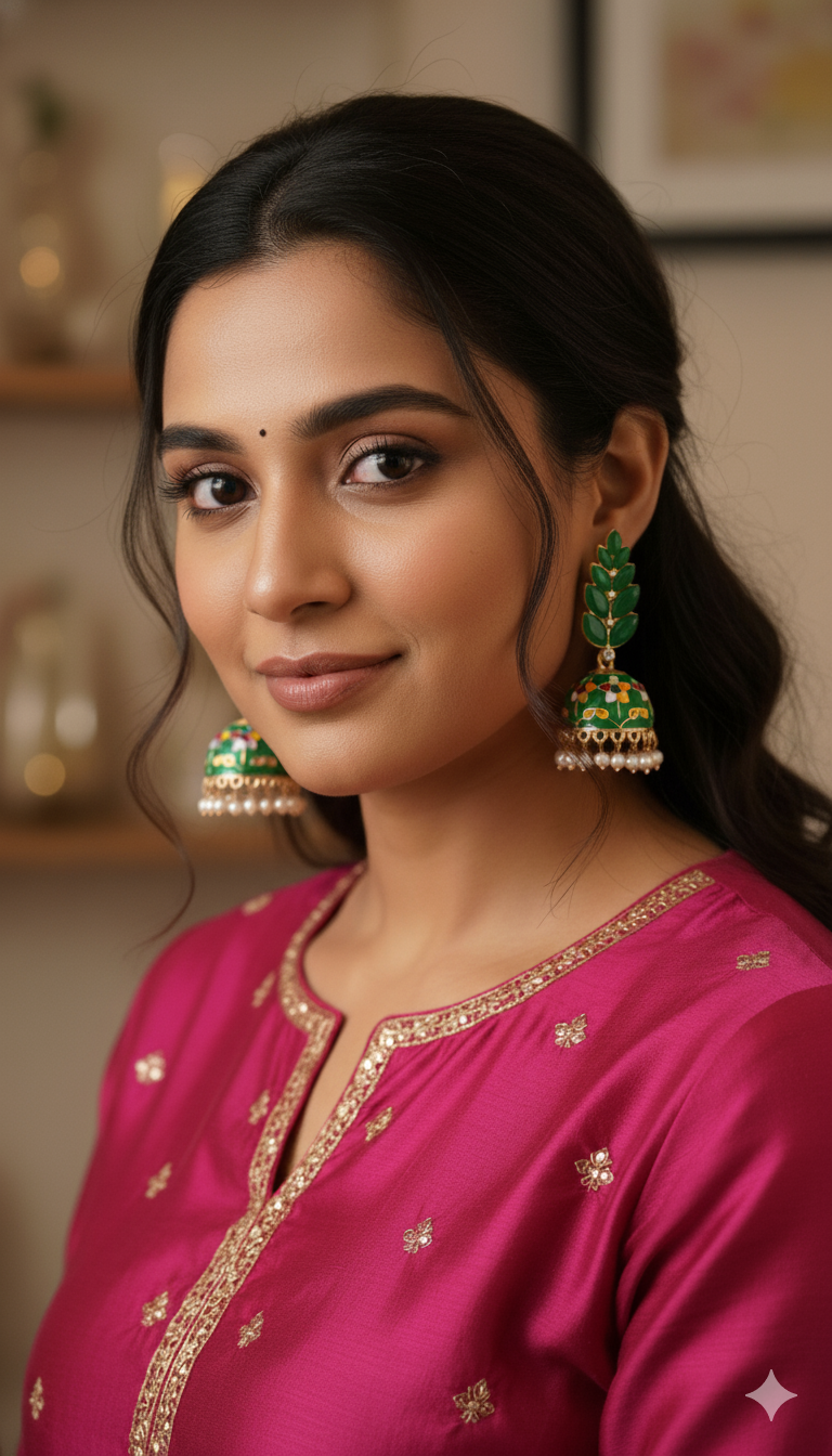 Royal Pink Meenakari Jhumka Earrings with Pearl Drops