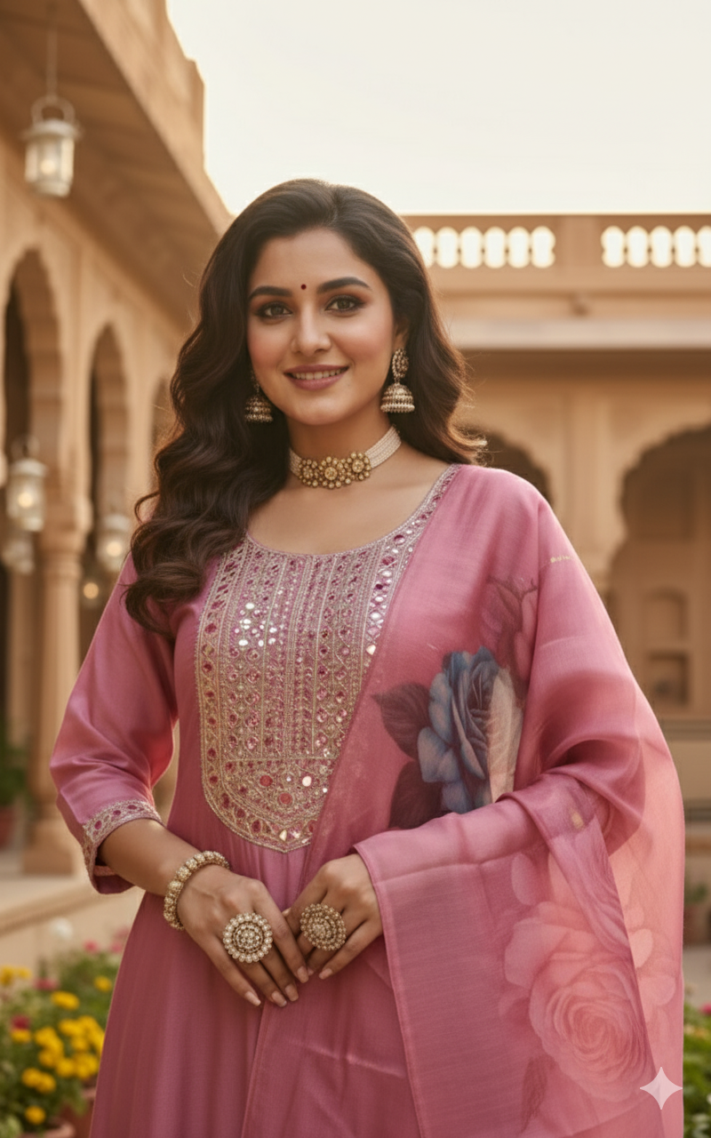 Roman Silk Pink Suit Set with Printed Dupatta & Golden Embroidery – For Women