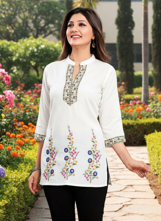 Elegant White Floral Embroidered Cotton Kurti – Graceful Everyday Ethnic Wear By Shree Ji  And Sons